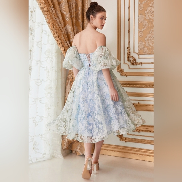 Tea length organza floral print strapless gown with lace up back - Picture 2 of 7